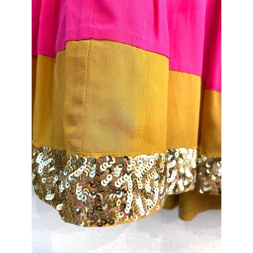 NWT Figue  Silk Crepe Colorblock Gold Sequin  Trim Midi Dress Bohemian Gypsy - Picture 11 of 16